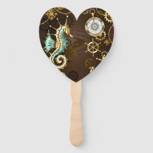 Wooden Background with Mechanical Seahorse Hand Fan