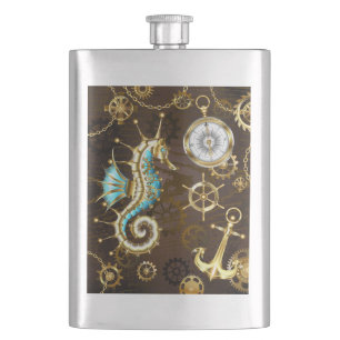 Wooden Background with Mechanical Seahorse Hip Flask