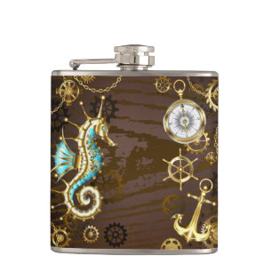 Wooden Background with Mechanical Seahorse Hip Flask