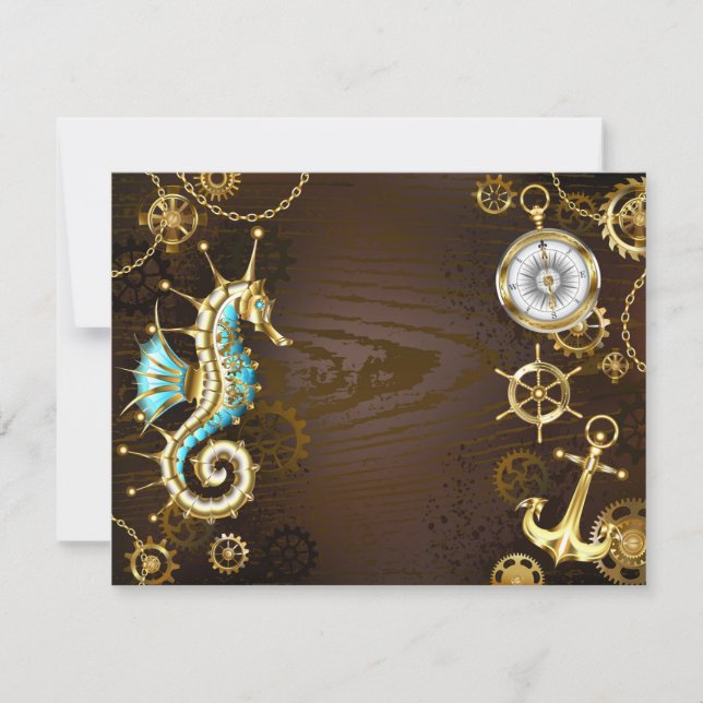 Wooden Background with Mechanical Seahorse Holiday Card (Front)