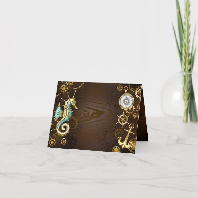 Wooden Background with Mechanical Seahorse Holiday Card (Front)