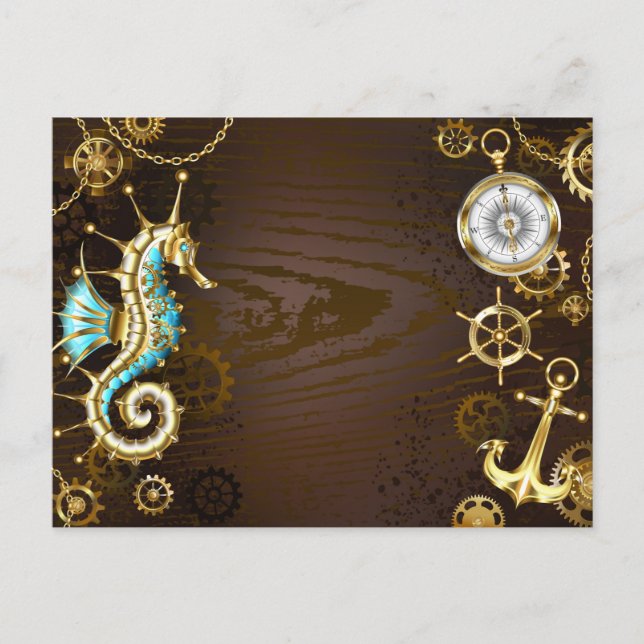 Wooden Background with Mechanical Seahorse Holiday Postcard (Front)