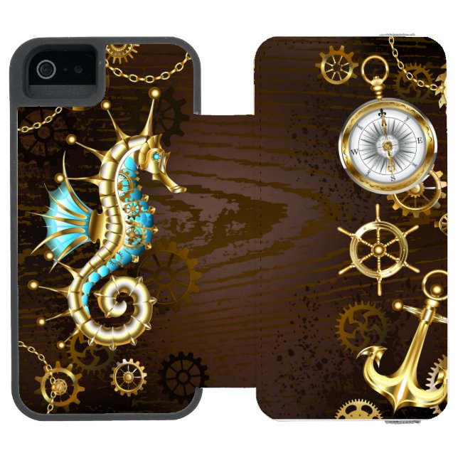 Wooden Background with Mechanical Seahorse Incipio iPhone Wallet Case (Folio Open)