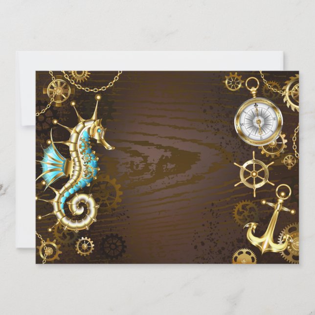 Wooden Background with Mechanical Seahorse Invitation (Front)