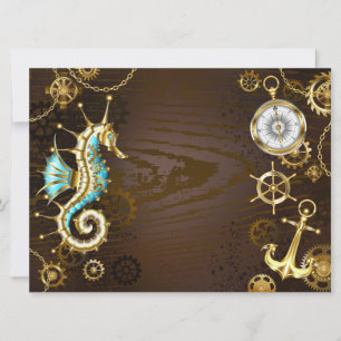 Wooden Background with Mechanical Seahorse Invitation
