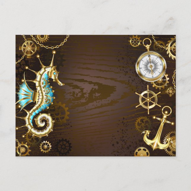 Wooden Background with Mechanical Seahorse Invitation Postcard (Front)
