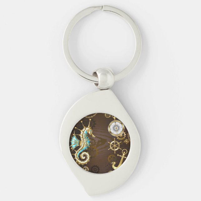 Wooden Background with Mechanical Seahorse Keychain (Front)