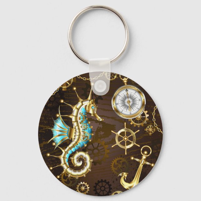 Wooden Background with Mechanical Seahorse Keychain (Front)