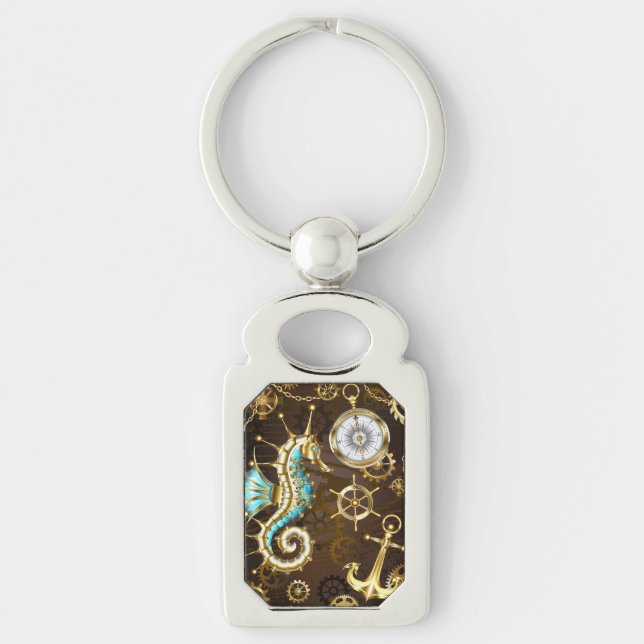 Wooden Background with Mechanical Seahorse Keychain (Front)