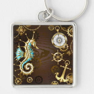 Wooden Background with Mechanical Seahorse Keychain