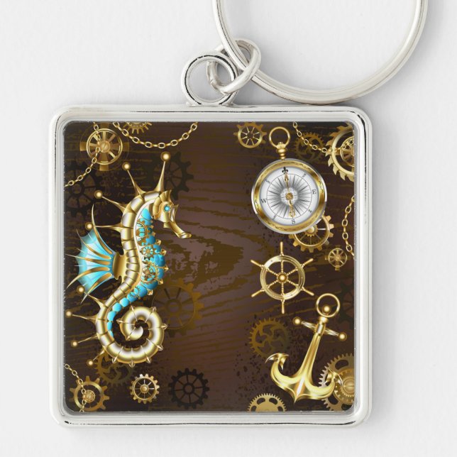 Wooden Background with Mechanical Seahorse Keychain (Front)