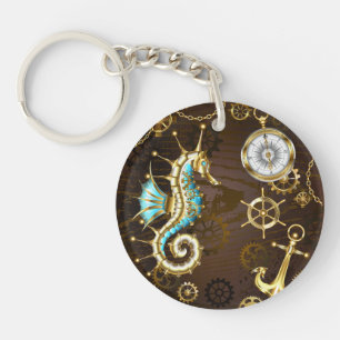 Wooden Background with Mechanical Seahorse Keychain