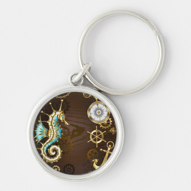 Wooden Background with Mechanical Seahorse Keychain (Front)