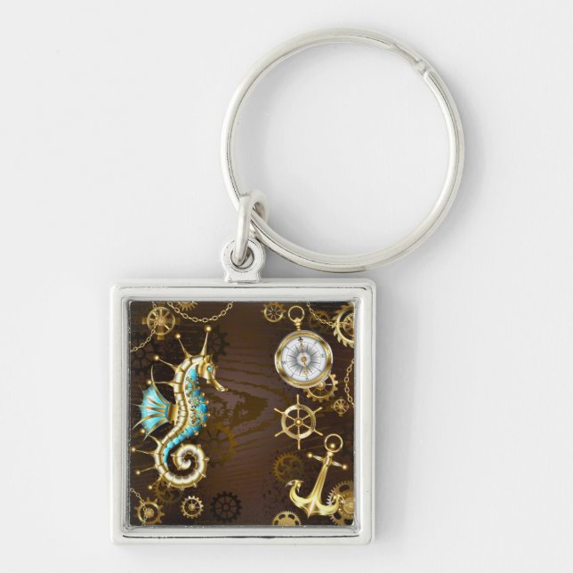 Wooden Background with Mechanical Seahorse Keychain (Front)
