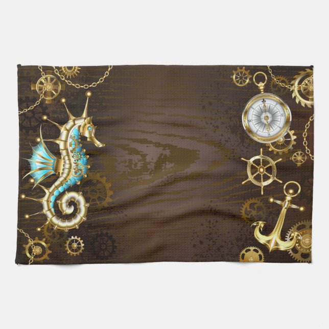 Wooden Background with Mechanical Seahorse Kitchen Towel (Horizontal)