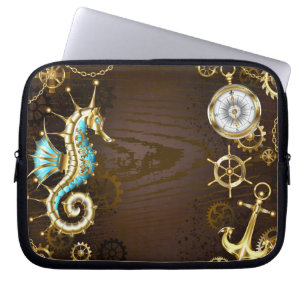 Wooden Background with Mechanical Seahorse Laptop Sleeve