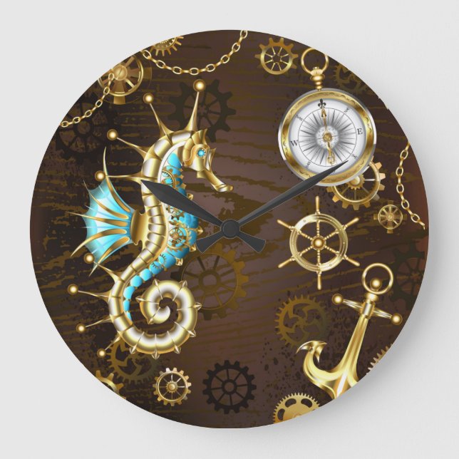 Wooden Background with Mechanical Seahorse Large Clock (Front)