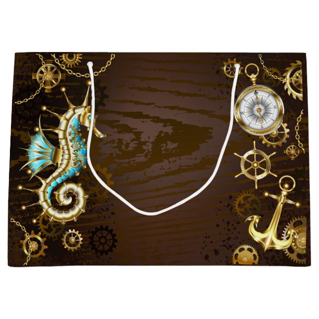 Wooden Background with Mechanical Seahorse Large Gift Bag (Front)