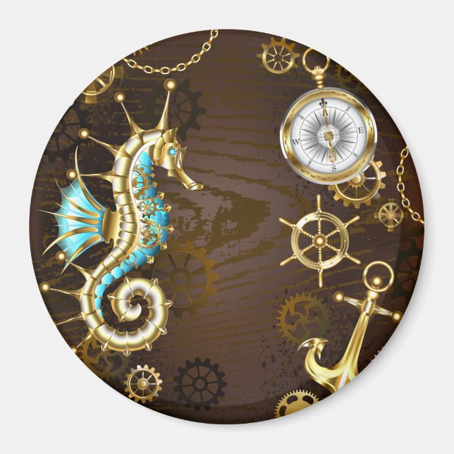 Wooden Background with Mechanical Seahorse Magnet (Front)