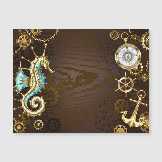 Wooden Background with Mechanical Seahorse Magnetic Invitation (Front)