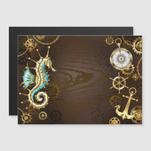 Wooden Background with Mechanical Seahorse Magnetic Invitation
