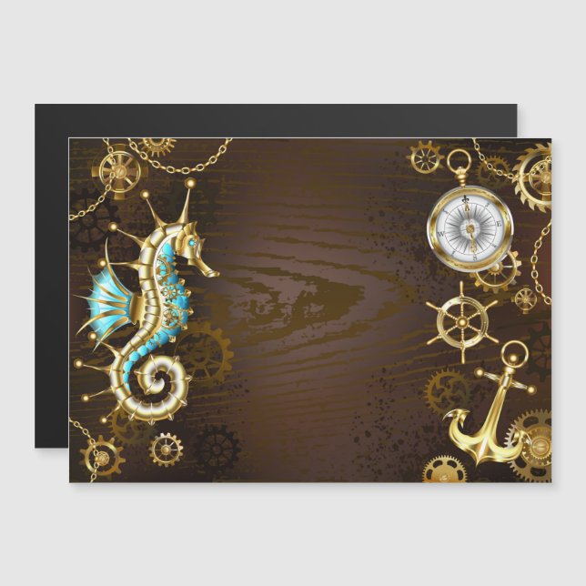Wooden Background with Mechanical Seahorse Magnetic Invitation (Front/Back)