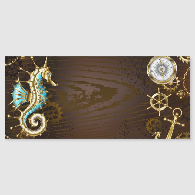 Wooden Background with Mechanical Seahorse Magnetic Invitation (Front)