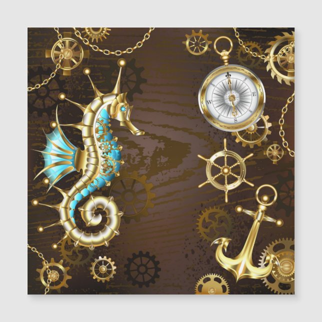 Wooden Background with Mechanical Seahorse Magnetic Invitation (Front)