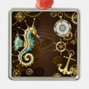 Wooden Background with Mechanical Seahorse Metal Ornament