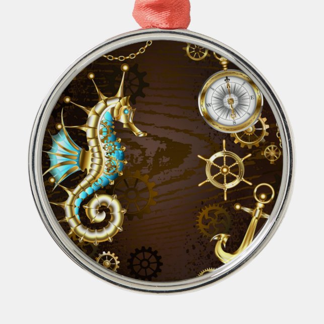 Wooden Background with Mechanical Seahorse Metal Ornament (Front)
