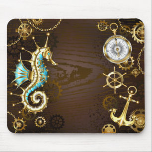 Wooden Background with Mechanical Seahorse Mouse Pad