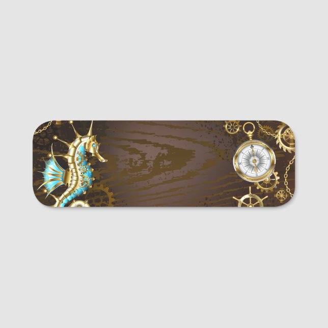 Wooden Background with Mechanical Seahorse Name Tag (Front)