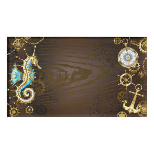 Wooden Background with Mechanical Seahorse Name Tag
