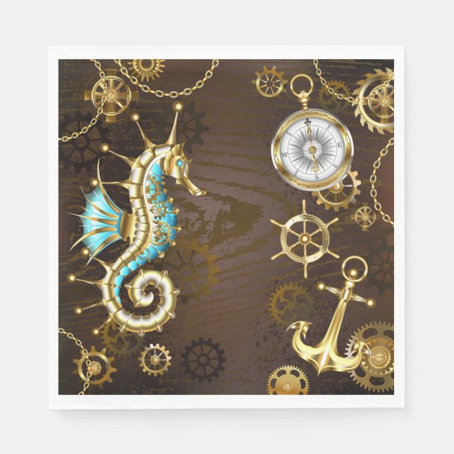 Wooden Background with Mechanical Seahorse Napkin (Front)