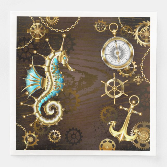 Wooden Background with Mechanical Seahorse Napkin (Front)