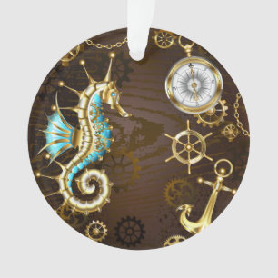 Wooden Background with Mechanical Seahorse Ornament