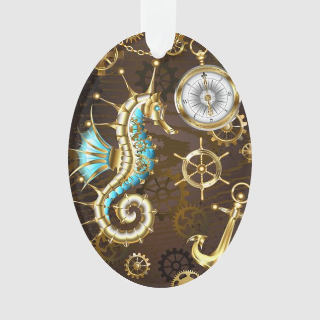 Wooden Background with Mechanical Seahorse Ornament (Front)