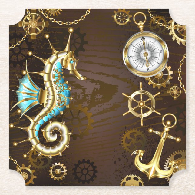 Wooden Background with Mechanical Seahorse Paper Coaster (Front)