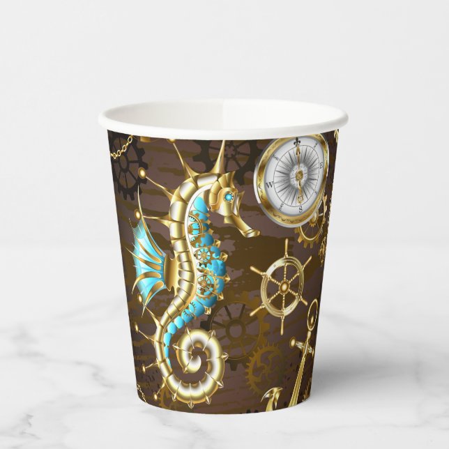 Wooden Background with Mechanical Seahorse Paper Cups (Left)