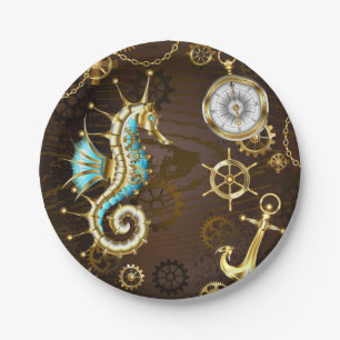 Wooden Background with Mechanical Seahorse Paper Plate