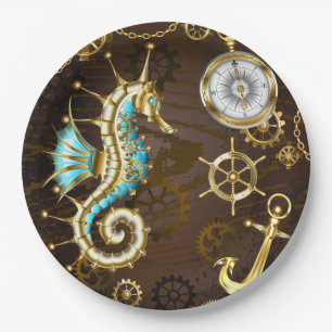 Wooden Background with Mechanical Seahorse Paper Plate