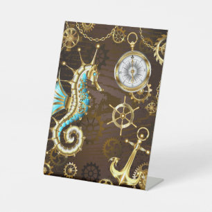 Wooden Background with Mechanical Seahorse Pedestal Sign