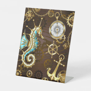 Wooden Background with Mechanical Seahorse Pedestal Sign