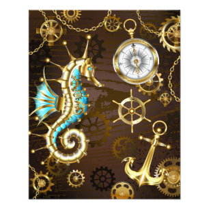 Wooden Background with Mechanical Seahorse Photo Print