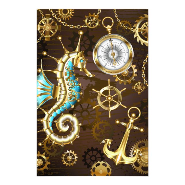 Wooden Background with Mechanical Seahorse Photo Print (Front)