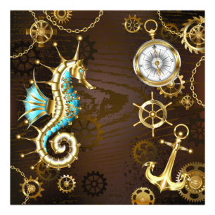 Wooden Background with Mechanical Seahorse Photo Print