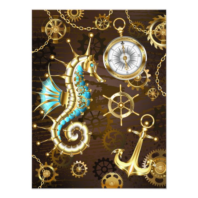 Wooden Background with Mechanical Seahorse Photo Print (Front)