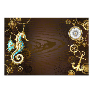 Wooden Background with Mechanical Seahorse Photo Print