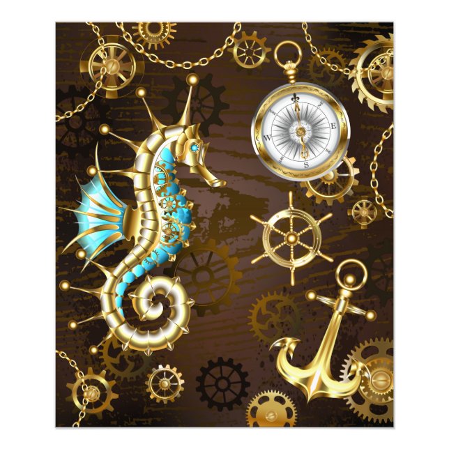 Wooden Background with Mechanical Seahorse Photo Print (Front)