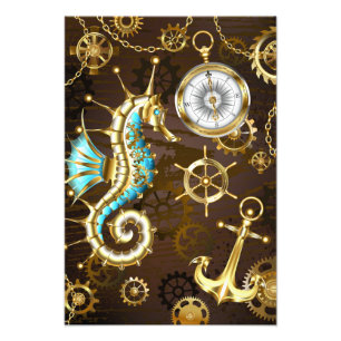 Wooden Background with Mechanical Seahorse Photo Print